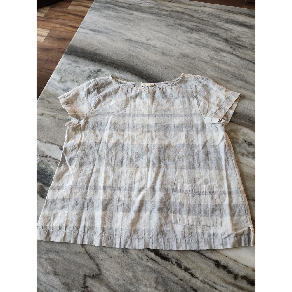 Eileen Fisher Organic Linen Cotton Plaid Boxy Short Sleeve Top Grey White M